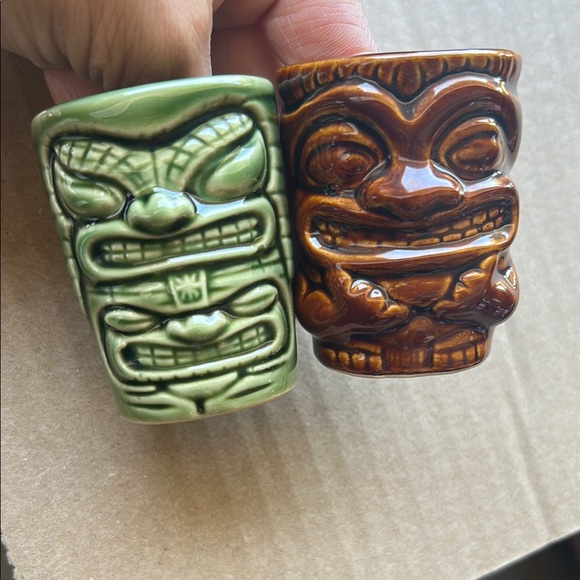 Tiki Face Ceramic Shot Glasses - Green and Brown - Picture 1 of 1